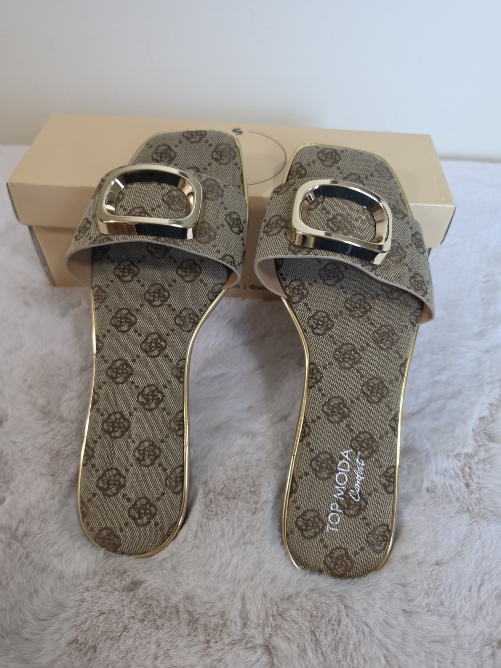 Top Moda Taupe Patterned Slide Sandals with Gold Buckle